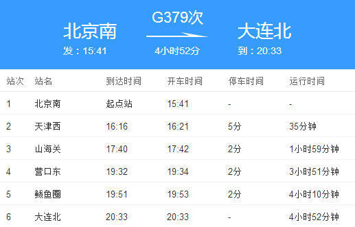 大连到北京高铁时刻表查询最新